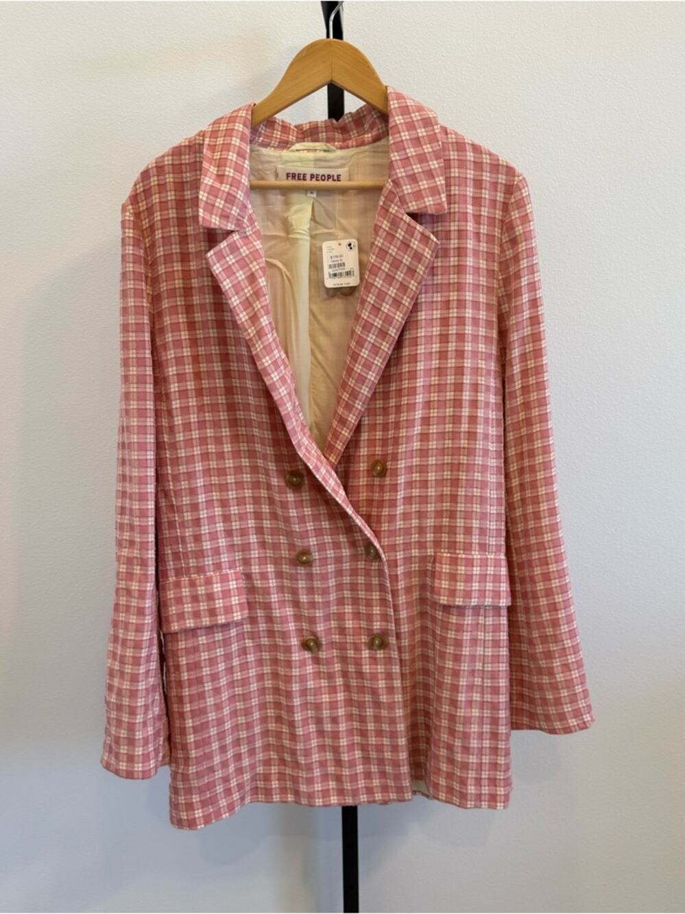 NWT Free People Olivia Pink Plaid Double-Breasted Blazer Boho Office Cottage xL